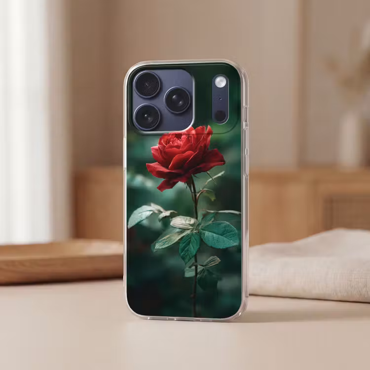 Roos - Bladeren - Dieprood Telefoonhoesje iPhone 17 Pro klein -sfeer2