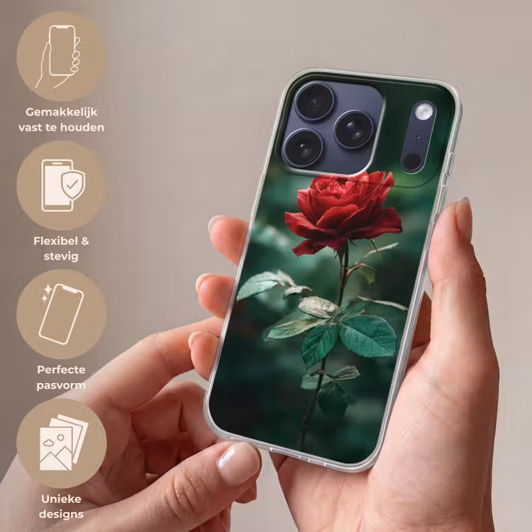 Roos - Bladeren - Dieprood Telefoonhoesje iPhone 17 Pro klein -sfeer3_NL