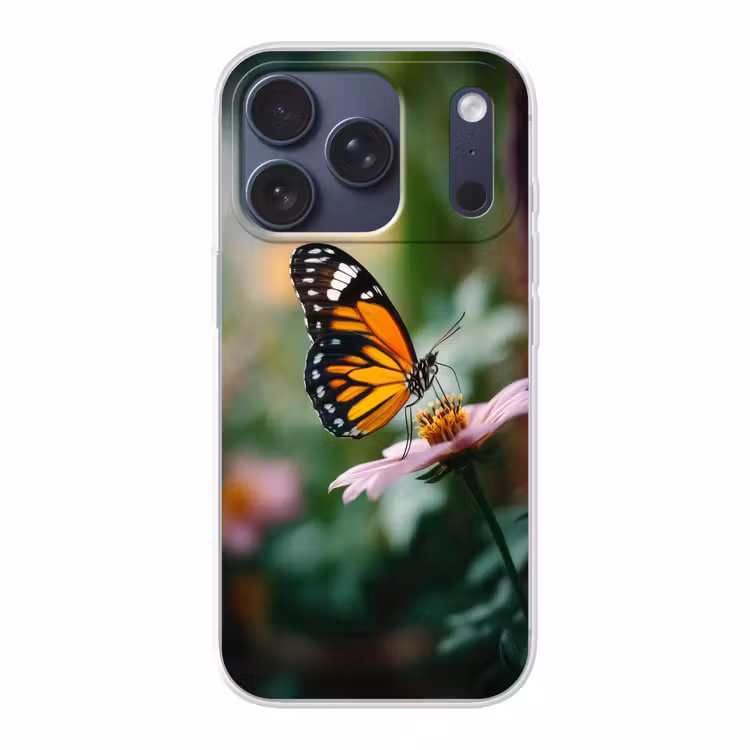 Roze bloemen - Vlinder - Zachte focus Telefoonhoesje iPhone 17 Pro klein -3d