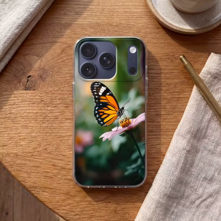 Roze bloemen - Vlinder - Zachte focus Telefoonhoesje iPhone 17 Pro klein -sfeer1