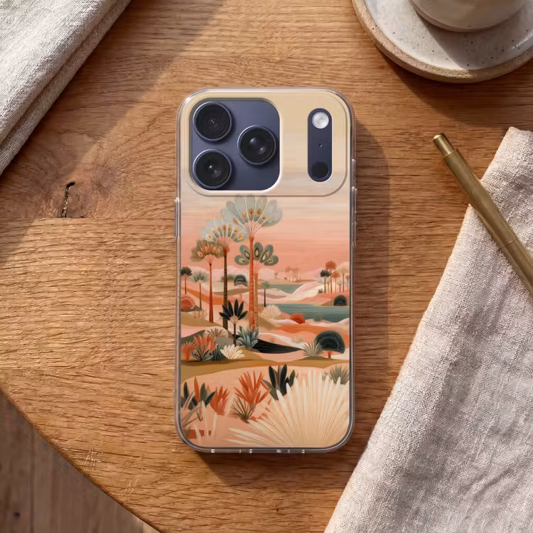 Roze landschap - Palmen - Water Telefoonhoesje iPhone 17 Pro klein -sfeer1