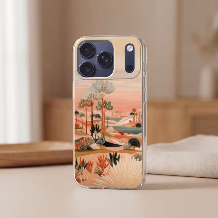 Roze landschap - Palmen - Water Telefoonhoesje iPhone 17 Pro klein -sfeer2