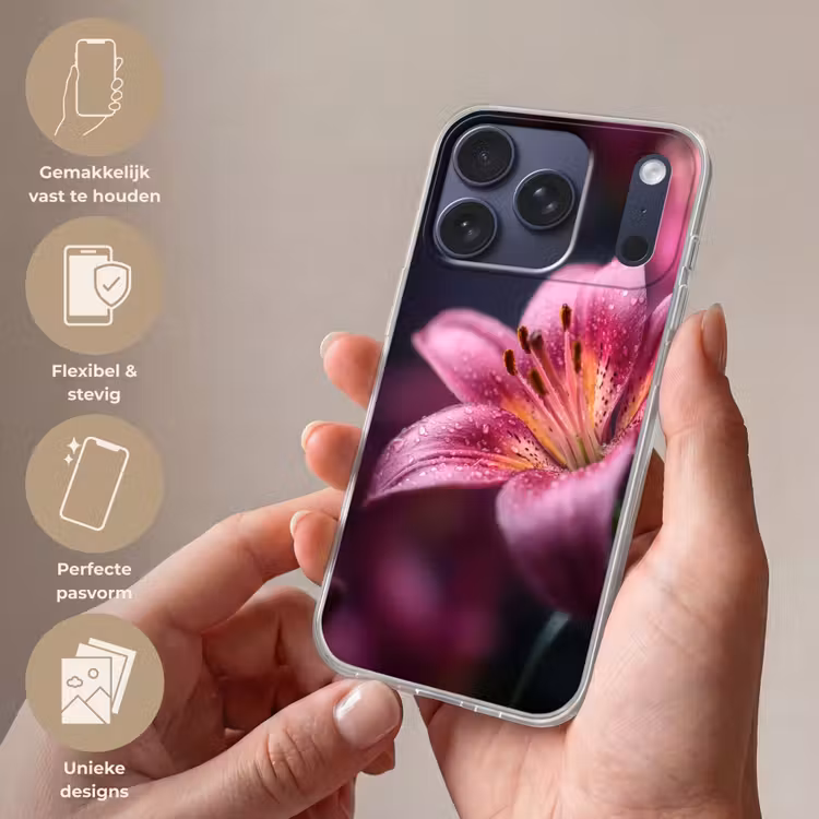 Roze - lelie - Dauwdruppels Telefoonhoesje iPhone 17 Pro klein -sfeer3_NL