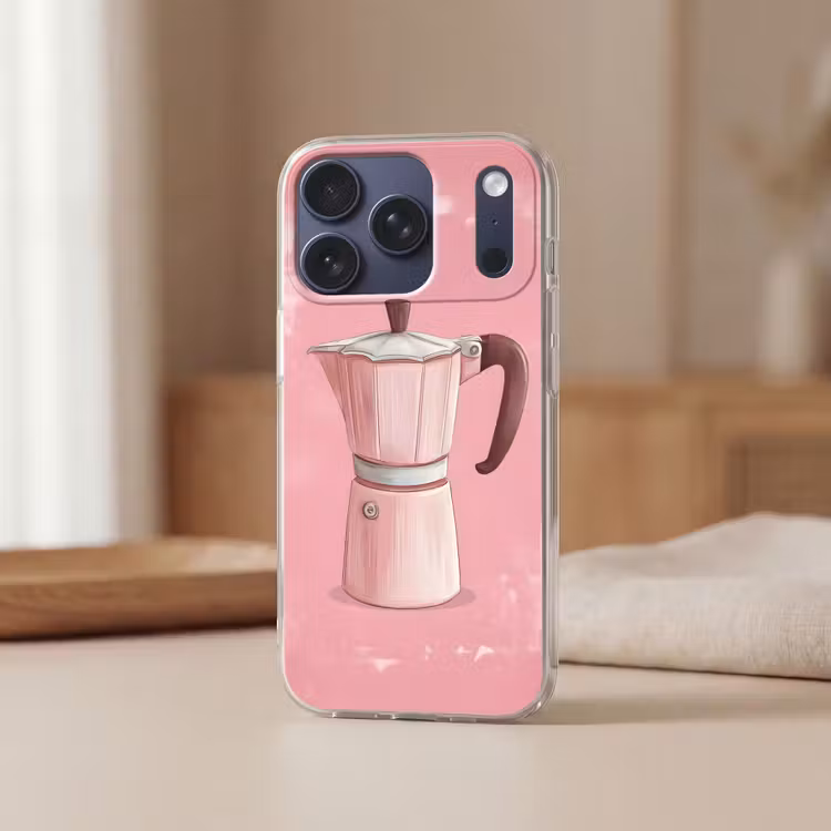 Roze - Mokkapot - Illustratie - Koffie Telefoonhoesje iPhone 17 Pro klein -sfeer2