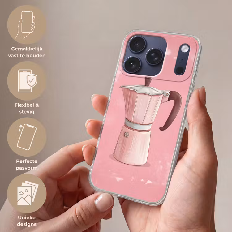 Roze - Mokkapot - Illustratie - Koffie Telefoonhoesje iPhone 17 Pro klein -sfeer3_NL