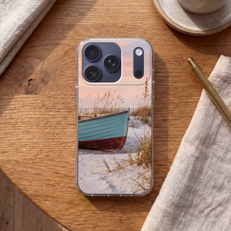 Rustiek - Roeiboot - Zandstrand Telefoonhoesje iPhone 17 Pro klein -sfeer1