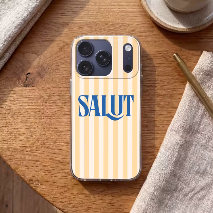 Salut - Quote - Strepen - Geel - Blauw - Wit Telefoonhoesje iPhone 17 Pro klein -sfeer1