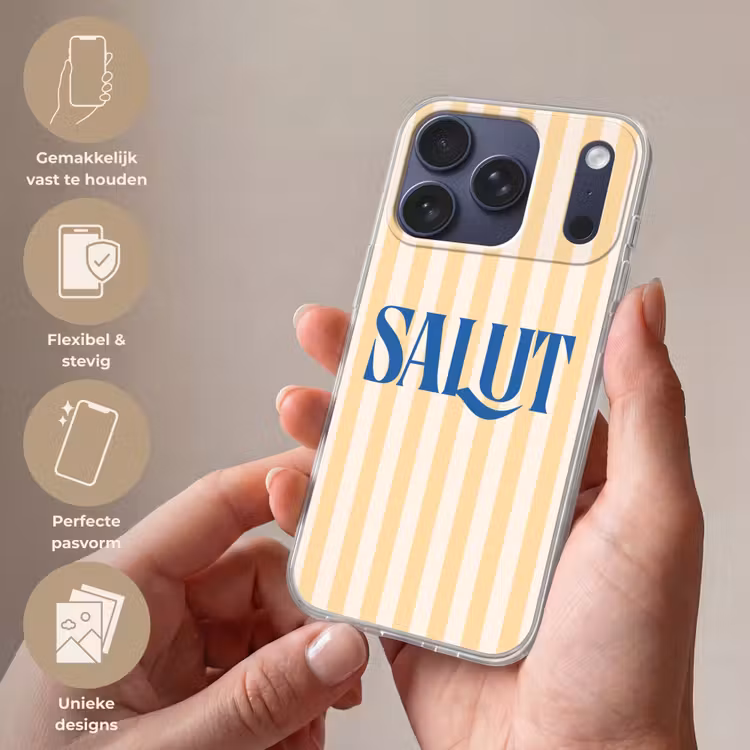 Salut - Quote - Strepen - Geel - Blauw - Wit Telefoonhoesje iPhone 17 Pro klein -sfeer3_NL
