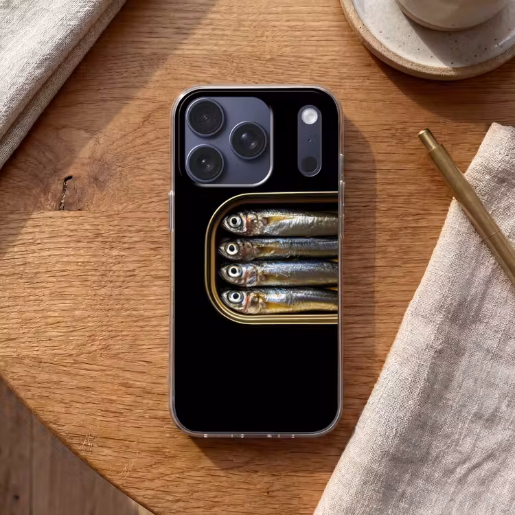 Sardines - Blik - Zwart - Vissen Telefoonhoesje iPhone 17 Pro klein -sfeer1