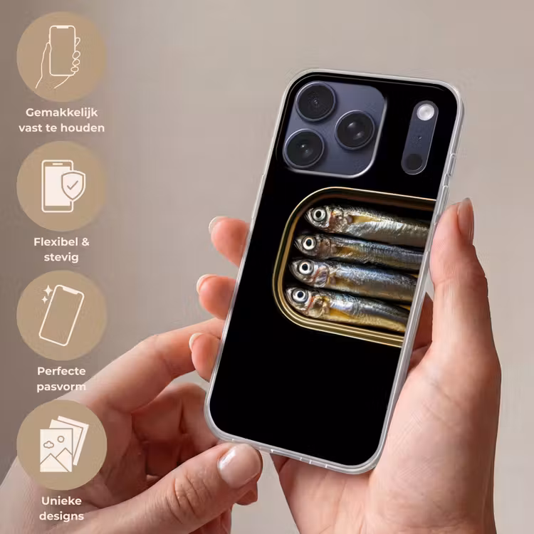 Sardines - Blik - Zwart - Vissen Telefoonhoesje iPhone 17 Pro klein -sfeer3_NL