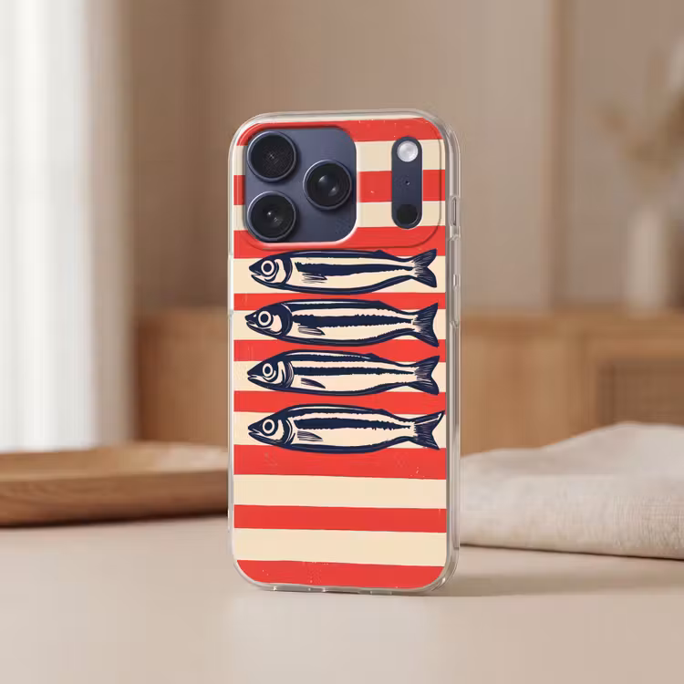Sardines - Rood en beige strepen Telefoonhoesje iPhone 17 Pro klein -sfeer2