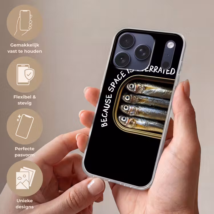 Sardines - Tekst - Vis - Blik Telefoonhoesje iPhone 17 Pro klein -sfeer3_NL