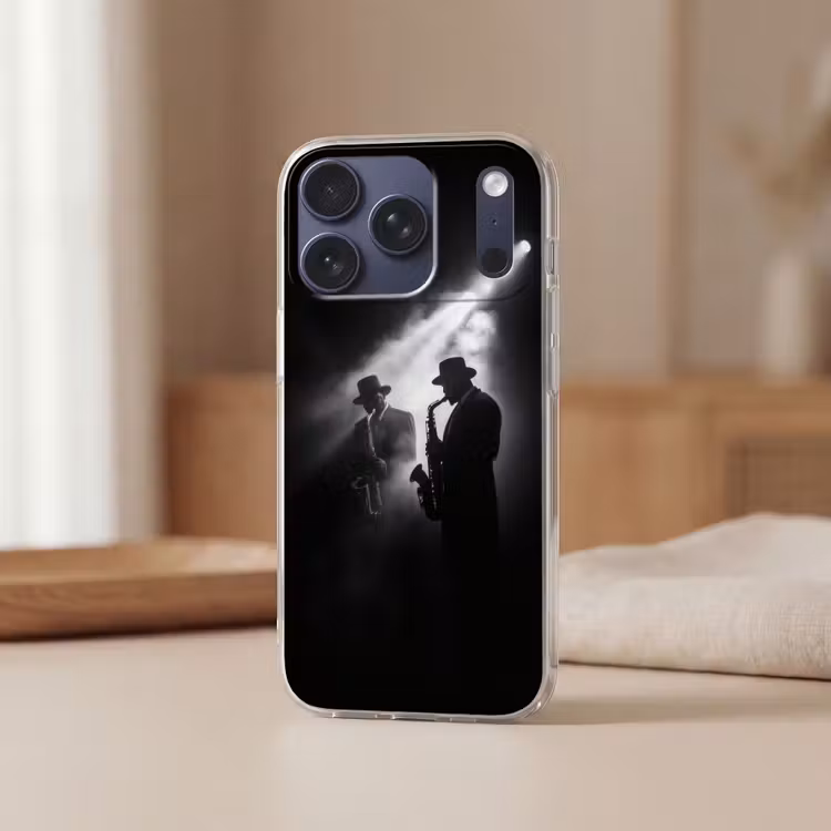 Saxofonisten - Hoeden - Rook - Licht Telefoonhoesje iPhone 17 Pro klein -sfeer2