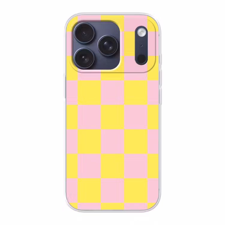 Schaakbord patroon - Geel - Roze - Blokjes Telefoonhoesje iPhone 17 Pro klein -3d