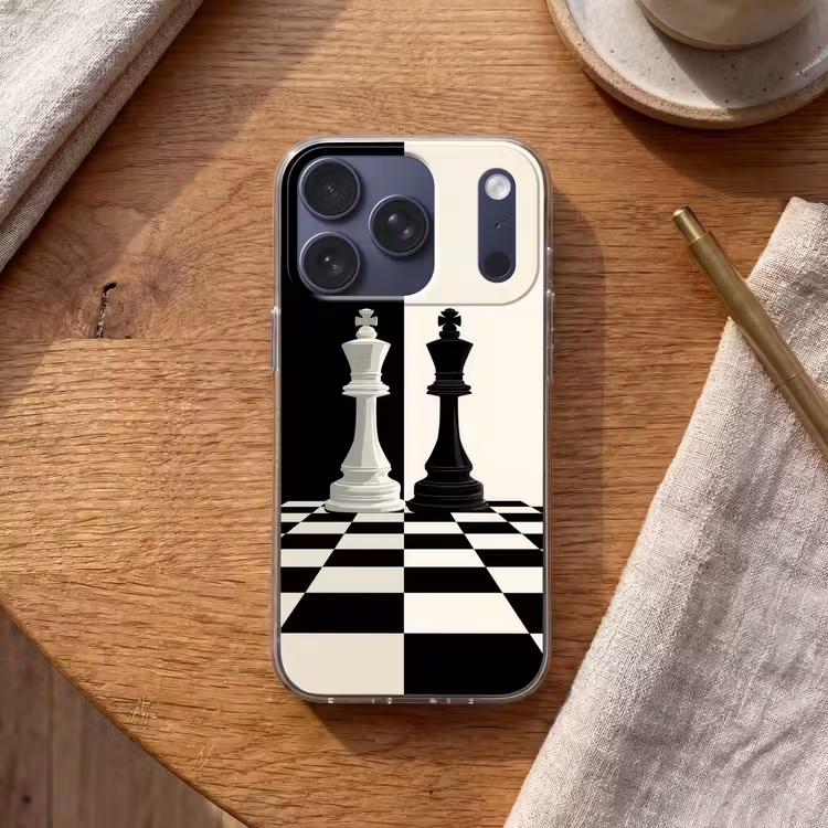 Schaakstukken - Koning - Geblokt - Zwart Telefoonhoesje iPhone 17 Pro klein -sfeer1