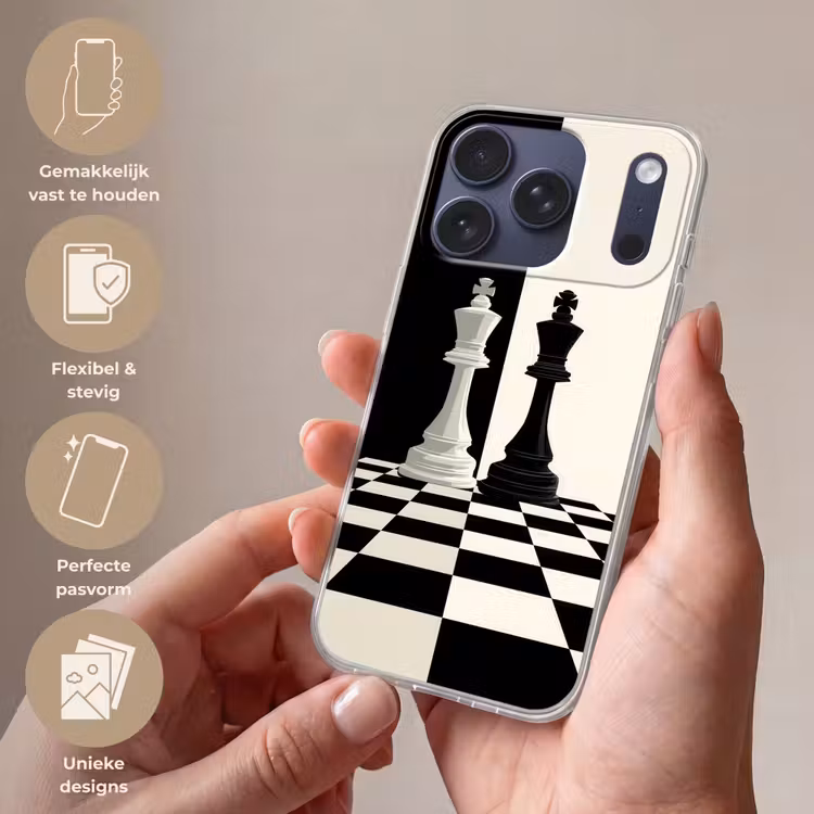 Schaakstukken - Koning - Geblokt - Zwart Telefoonhoesje iPhone 17 Pro klein -sfeer3_NL