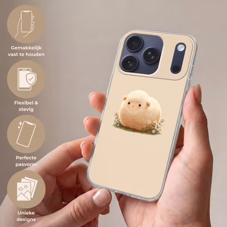 Schaap - Beige - Bloemen Telefoonhoesje iPhone 17 Pro klein -sfeer3_NL