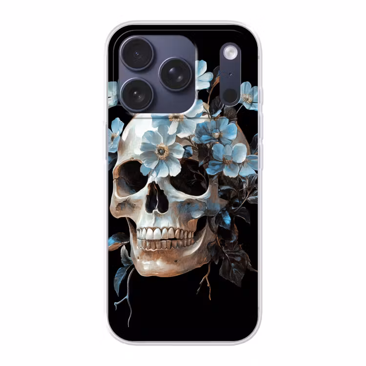 Schedel - Blauw - Bloemen - Bladeren Telefoonhoesje iPhone 17 Pro klein -3d