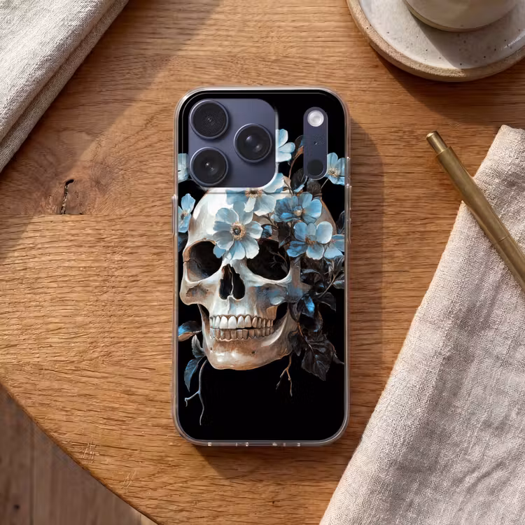 Schedel - Blauw - Bloemen - Bladeren Telefoonhoesje iPhone 17 Pro klein -sfeer1