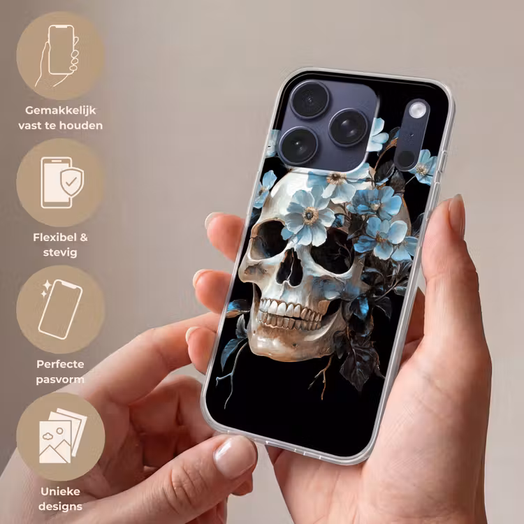 Schedel - Blauw - Bloemen - Bladeren Telefoonhoesje iPhone 17 Pro klein -sfeer3_NL