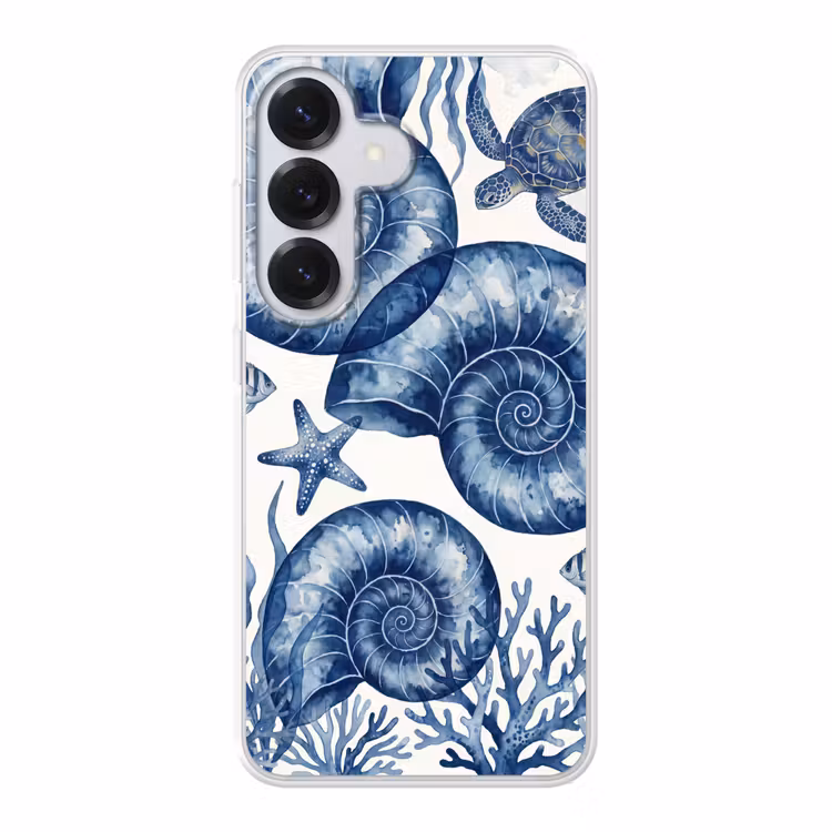 Schelp - Spiraal - Zeeleven - Aquarel - Blauw Telefoonhoesje Samsung Galaxy S26 klein -3d