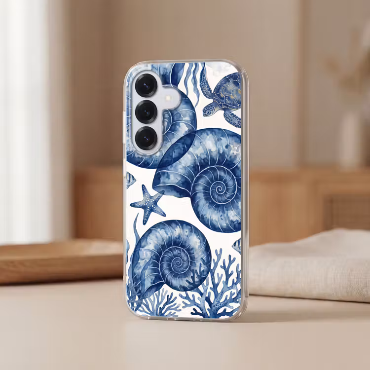 Schelp - Spiraal - Zeeleven - Aquarel - Blauw Telefoonhoesje Samsung Galaxy S26 klein -sfeer2
