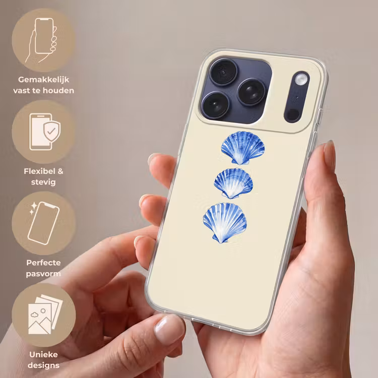 Schelpen - Blauw - Beige Telefoonhoesje iPhone 17 Pro klein -sfeer3_NL