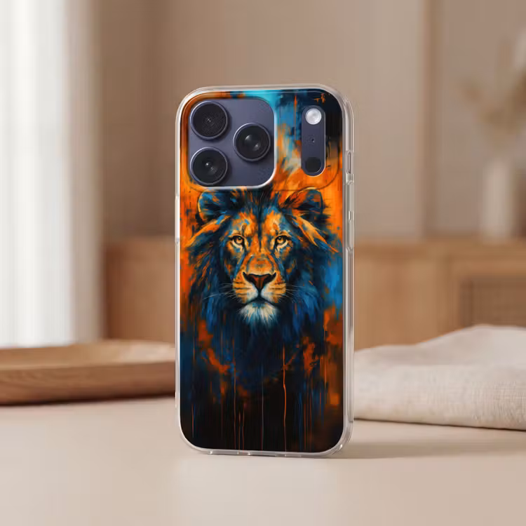 Schilderij - Leeuwenkop - Oranje Telefoonhoesje iPhone 17 Pro klein -sfeer2