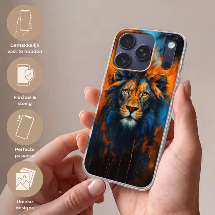 Schilderij - Leeuwenkop - Oranje Telefoonhoesje iPhone 17 Pro klein -sfeer3_NL