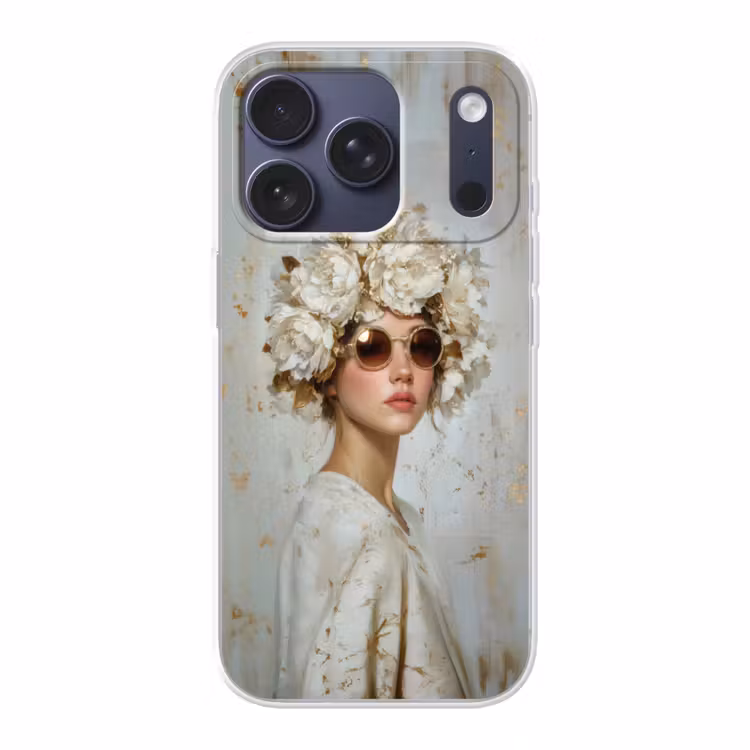 Schilderij - Vrouw - Zonnebril - Bloemenkrans Telefoonhoesje iPhone 17 Pro klein -3d