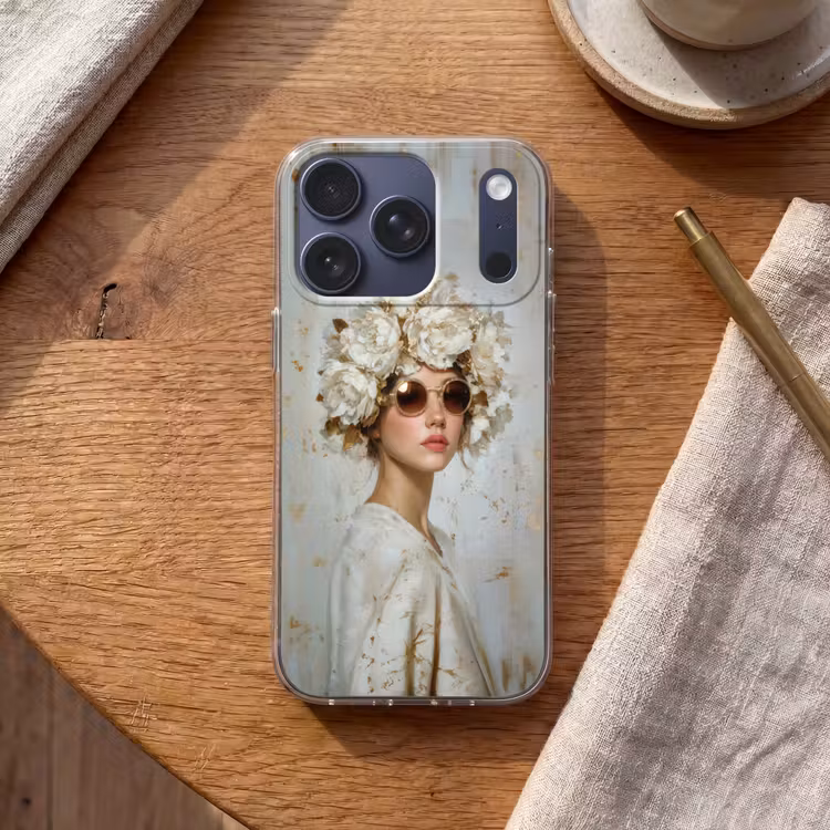 Schilderij - Vrouw - Zonnebril - Bloemenkrans Telefoonhoesje iPhone 17 Pro klein -sfeer1