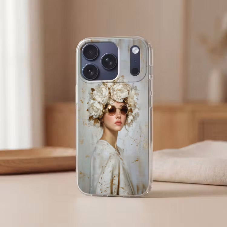 Schilderij - Vrouw - Zonnebril - Bloemenkrans Telefoonhoesje iPhone 17 Pro klein -sfeer2