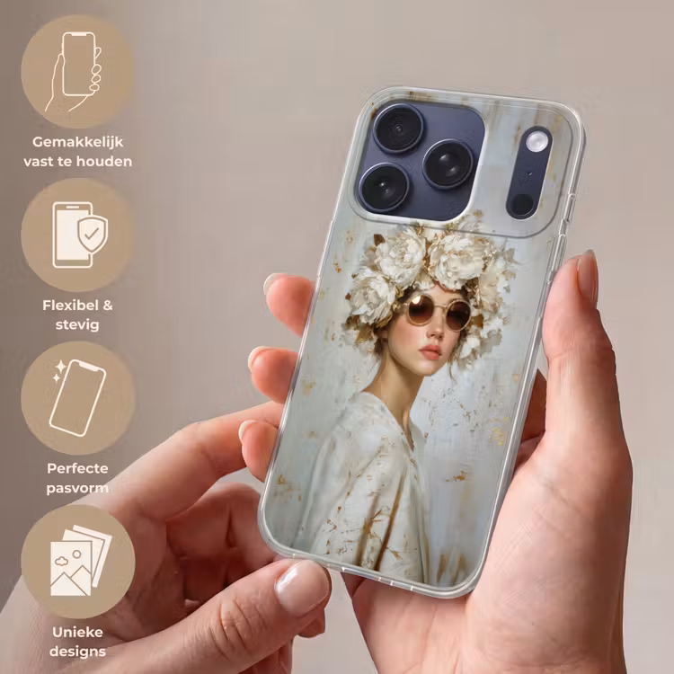 Schilderij - Vrouw - Zonnebril - Bloemenkrans Telefoonhoesje iPhone 17 Pro klein -sfeer3_NL