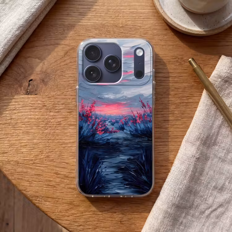 Schilderij - Zonsondergang - Bloemen - Rivier Telefoonhoesje iPhone 17 Pro klein -sfeer1