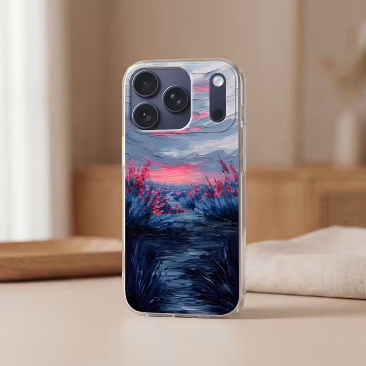 Schilderij - Zonsondergang - Bloemen - Rivier Telefoonhoesje iPhone 17 Pro klein -sfeer2
