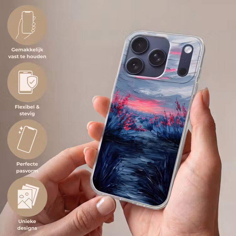 Schilderij - Zonsondergang - Bloemen - Rivier Telefoonhoesje iPhone 17 Pro klein -sfeer3_NL