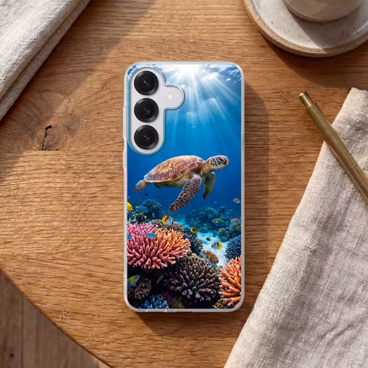 Schildpad - Koraalrif - Oceaan - Dieren - Blauw Telefoonhoesje Samsung Galaxy S26 klein -sfeer1