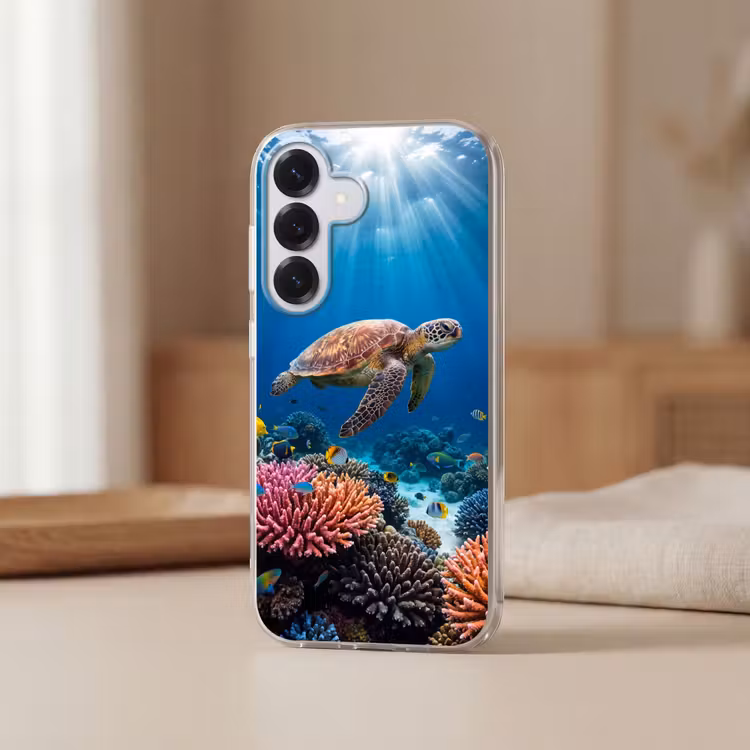 Schildpad - Koraalrif - Oceaan - Dieren - Blauw Telefoonhoesje Samsung Galaxy S26 klein -sfeer2