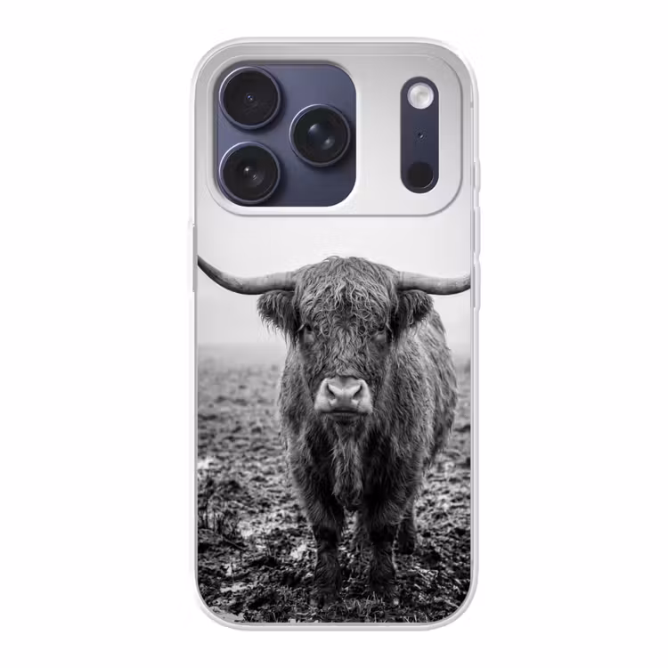 Schotse hooglander - Zwart - Wit - Gras Telefoonhoesje iPhone 17 Pro klein -3d