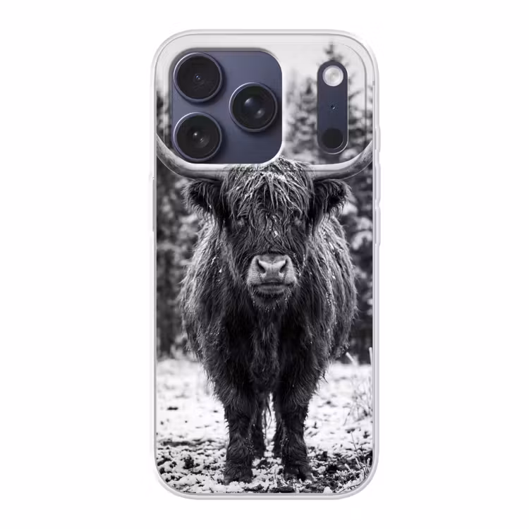 Schotse hooglander - Zwart - Wit - Sneeuwvlokken Telefoonhoesje iPhone 17 Pro klein -3d