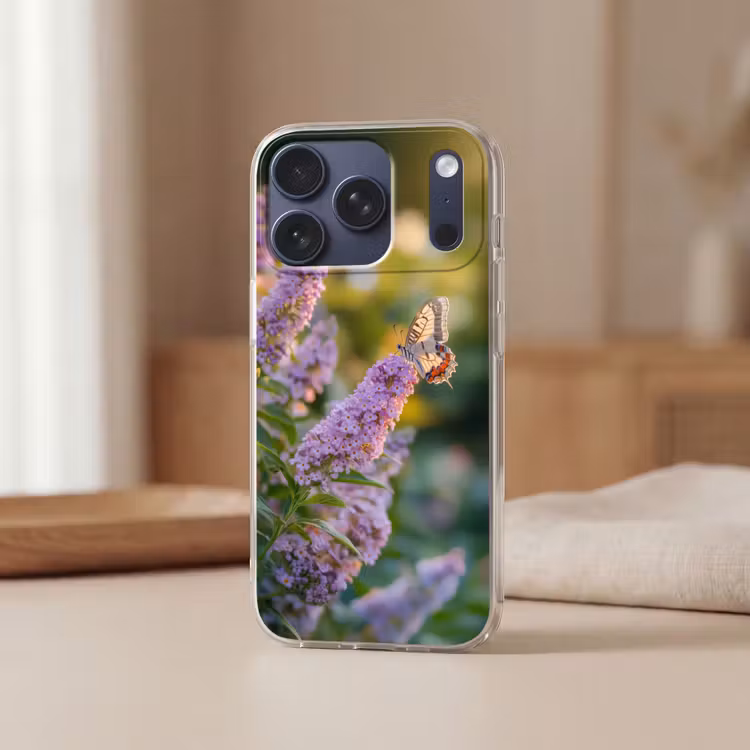 Sierlijke - Vlinder - Paarse - Bloemen Telefoonhoesje iPhone 17 Pro klein -sfeer2
