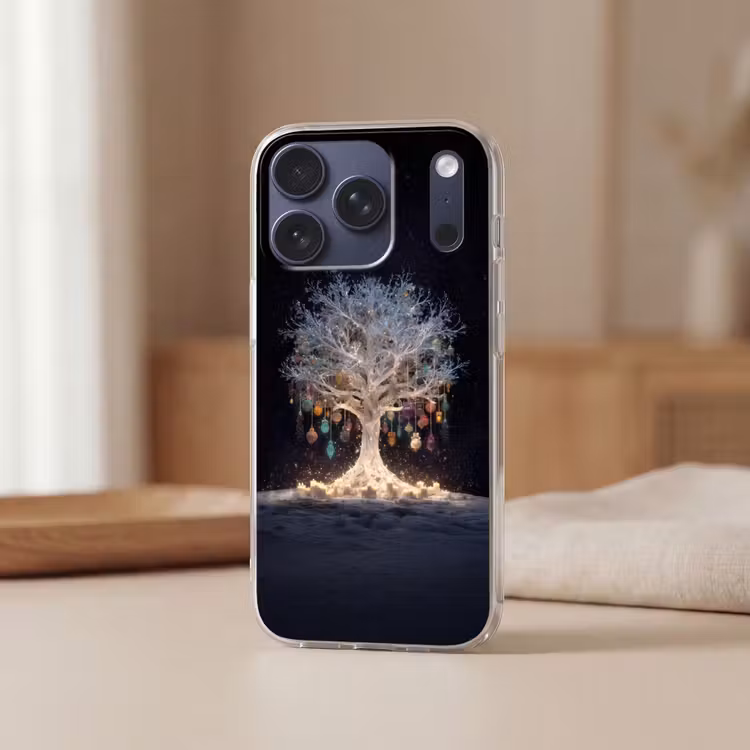 Sneeuwboom - Lichtjes - Wit - Kleurrijk Telefoonhoesje iPhone 17 Pro klein -sfeer2