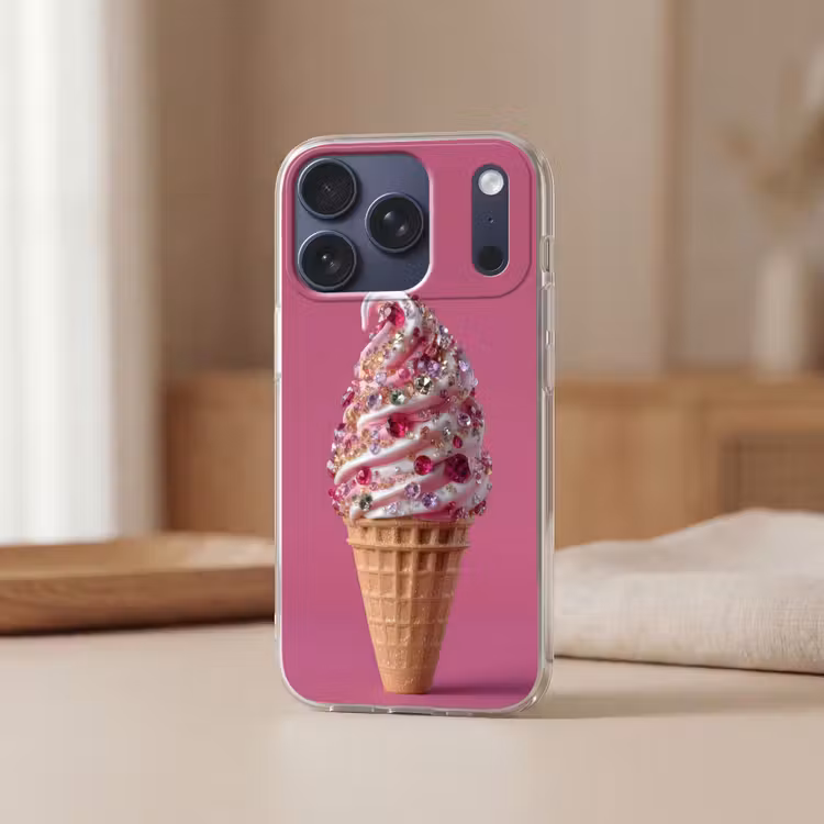 Softijs - Edelstenen - Roze - Hoorntje Telefoonhoesje iPhone 17 Pro klein -sfeer2