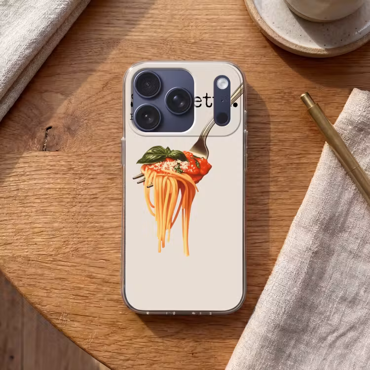 Spaghetti - tomatensaus - Parmezaanse kaas Telefoonhoesje iPhone 17 Pro klein -sfeer1