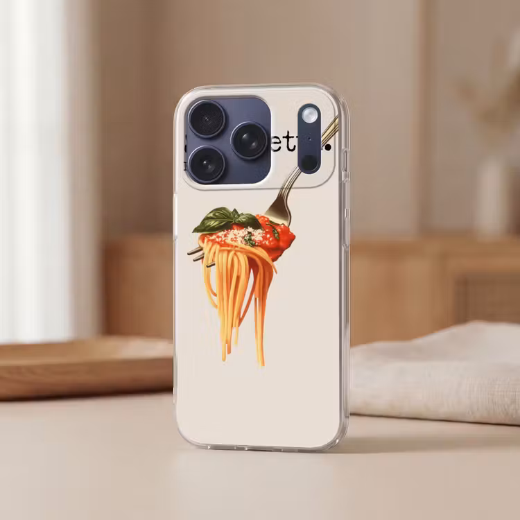 Spaghetti - tomatensaus - Parmezaanse kaas Telefoonhoesje iPhone 17 Pro klein -sfeer2