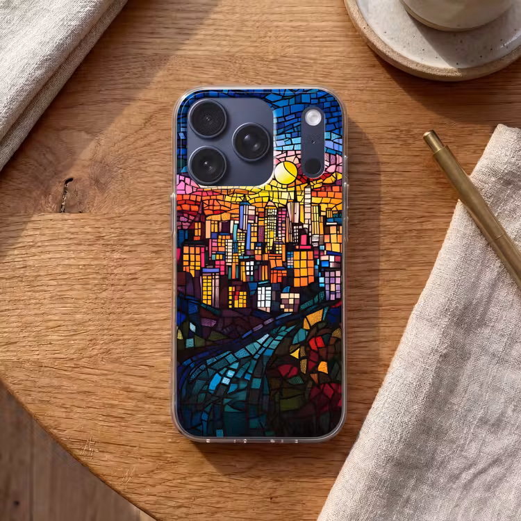 Stad - Maan - Mozaïek - Kleurrijk Telefoonhoesje iPhone 17 Pro klein -sfeer1
