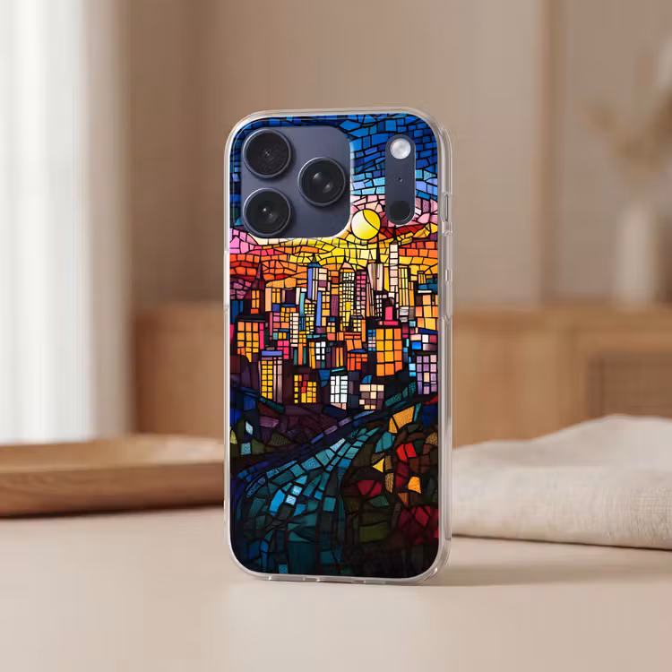 Stad - Maan - Mozaïek - Kleurrijk Telefoonhoesje iPhone 17 Pro klein -sfeer2