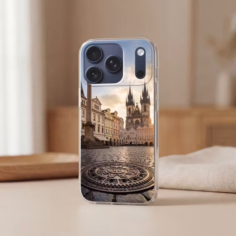 Stad - Praag - Ochtend - Architectuur - Goud Telefoonhoesje iPhone 17 Pro klein -sfeer2