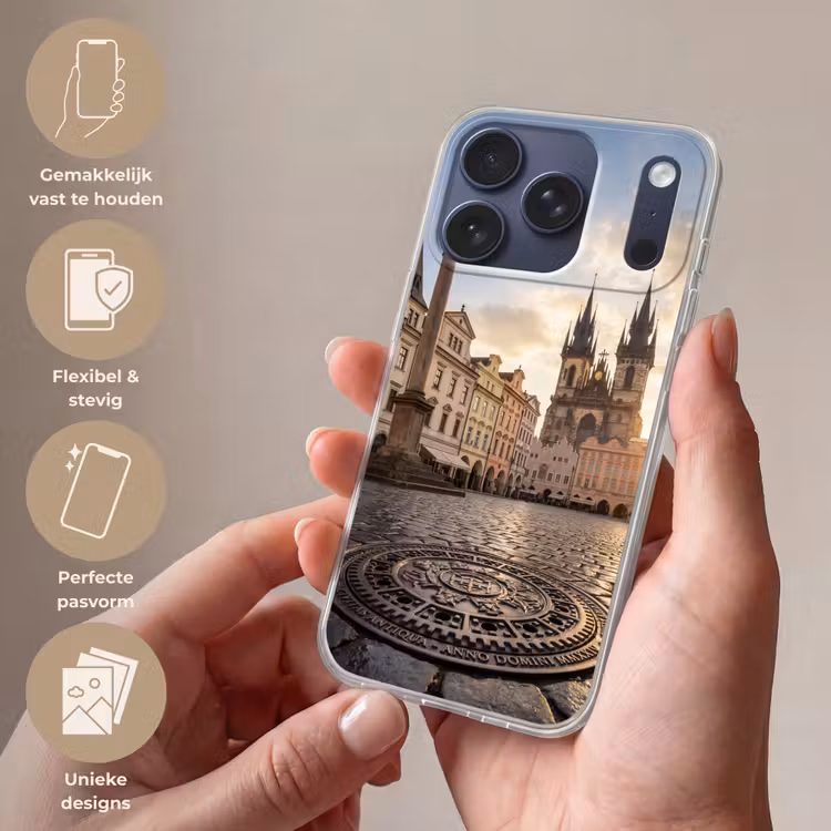 Stad - Praag - Ochtend - Architectuur - Goud Telefoonhoesje iPhone 17 Pro klein -sfeer3_NL