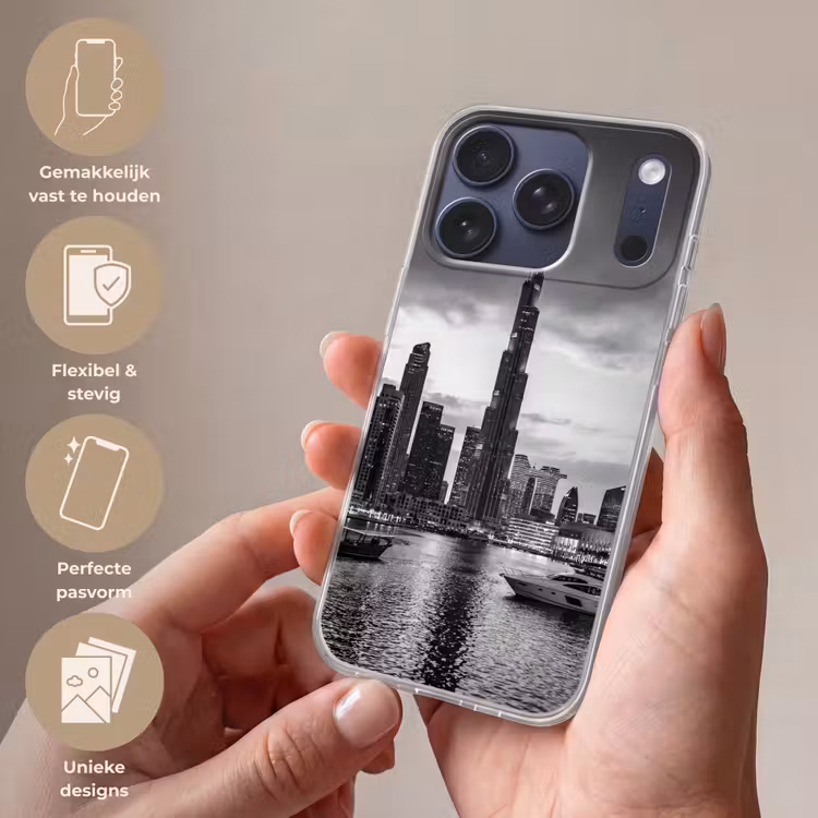 Stad - Skyline - Architectuur - Avond - Zwart-wit Telefoonhoesje iPhone 17 Pro klein -sfeer3_NL